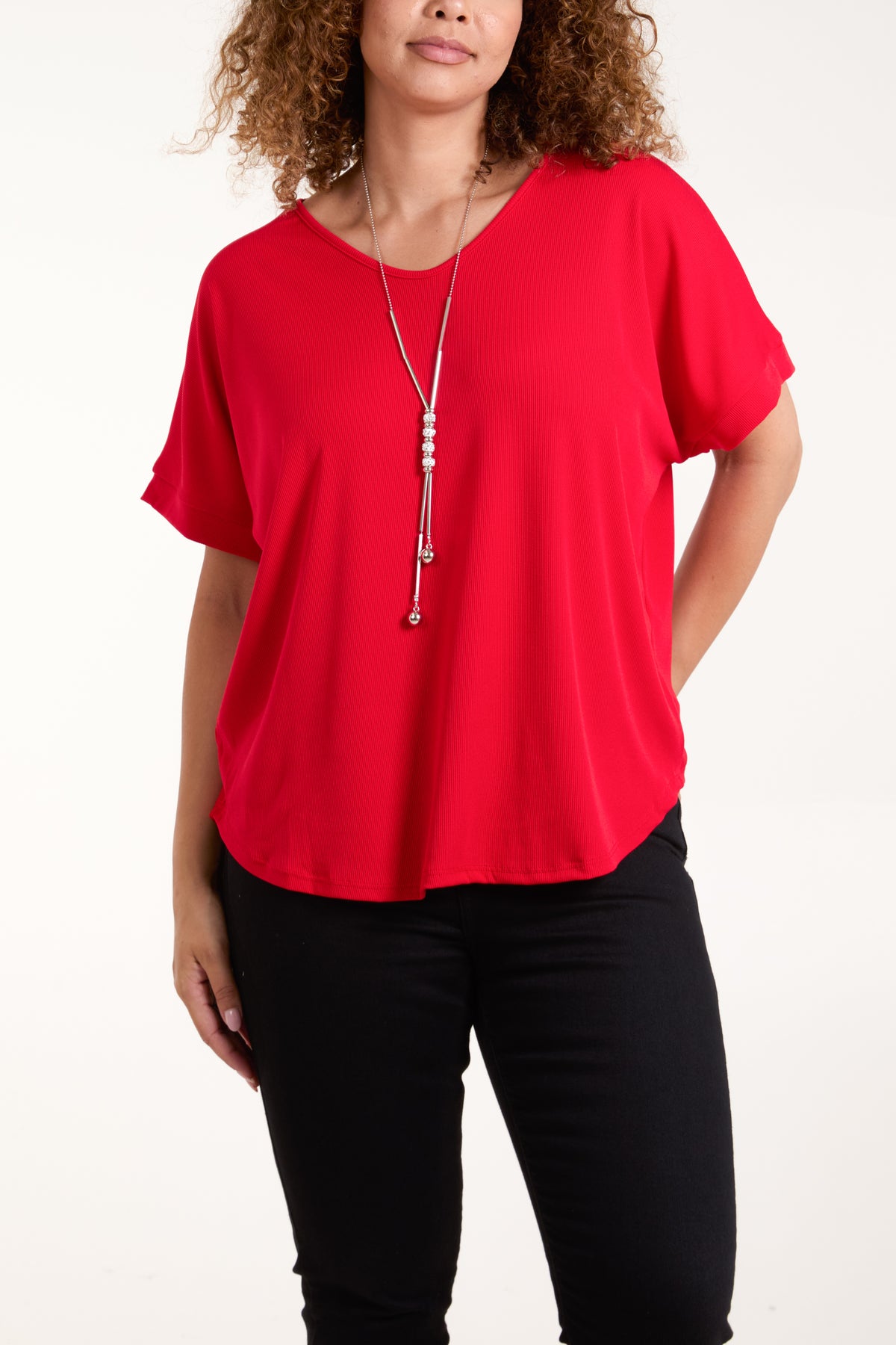 Necklace Short Sleeve Ribbed Top