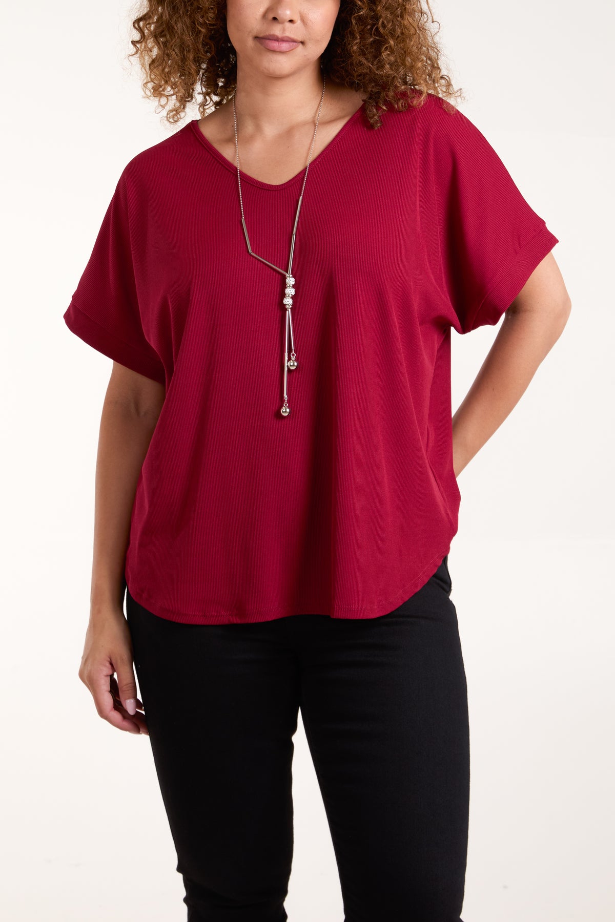 Necklace Short Sleeve Ribbed Top