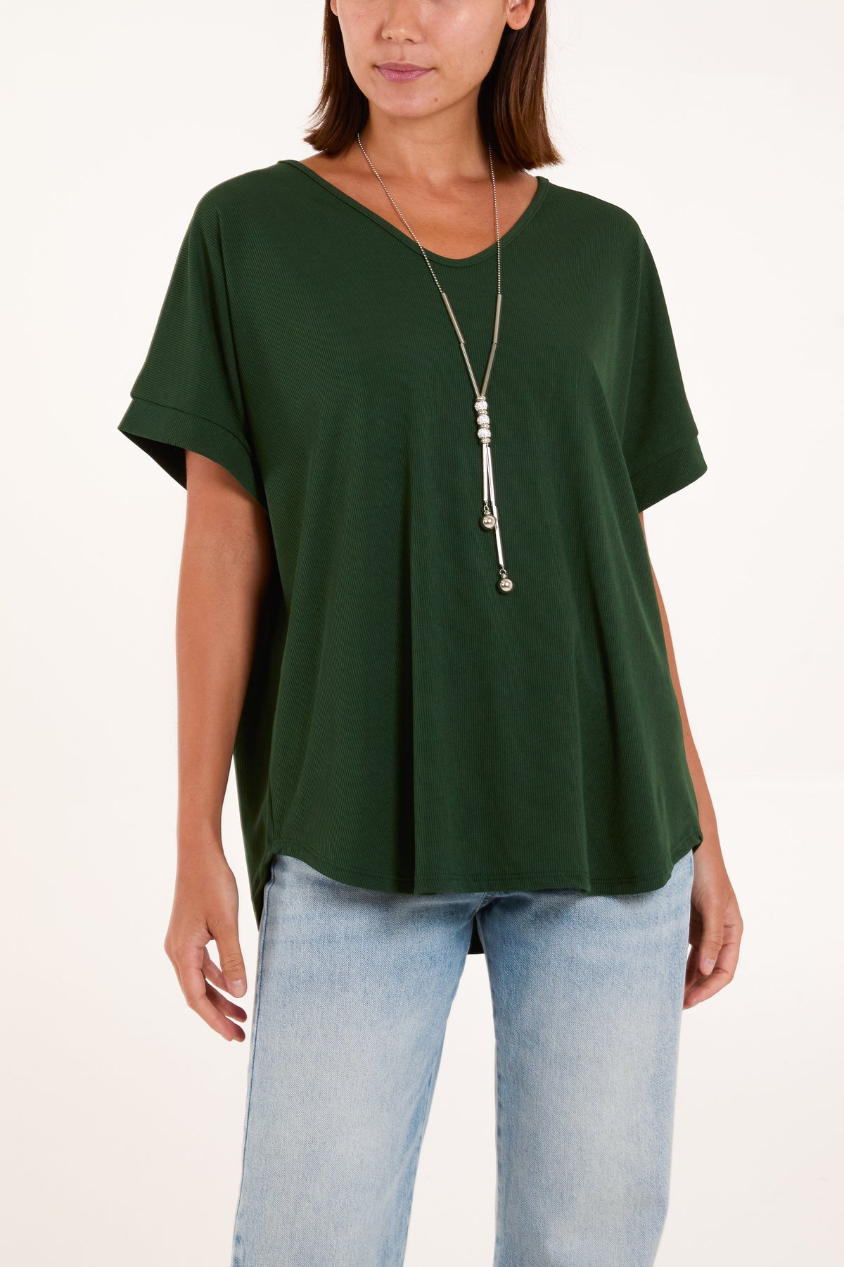 Necklace Short Sleeve Ribbed Top