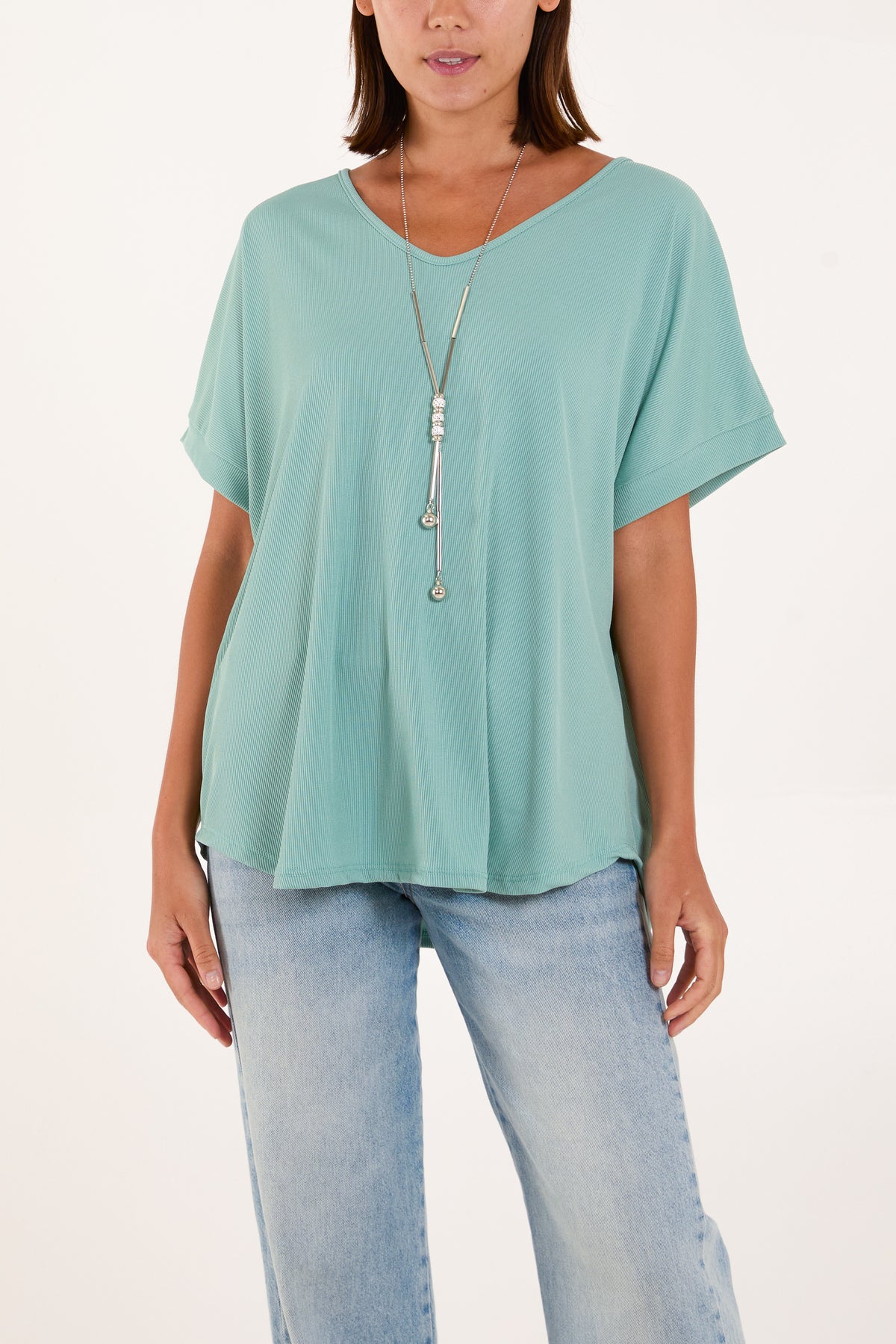 Necklace Short Sleeve Ribbed Top