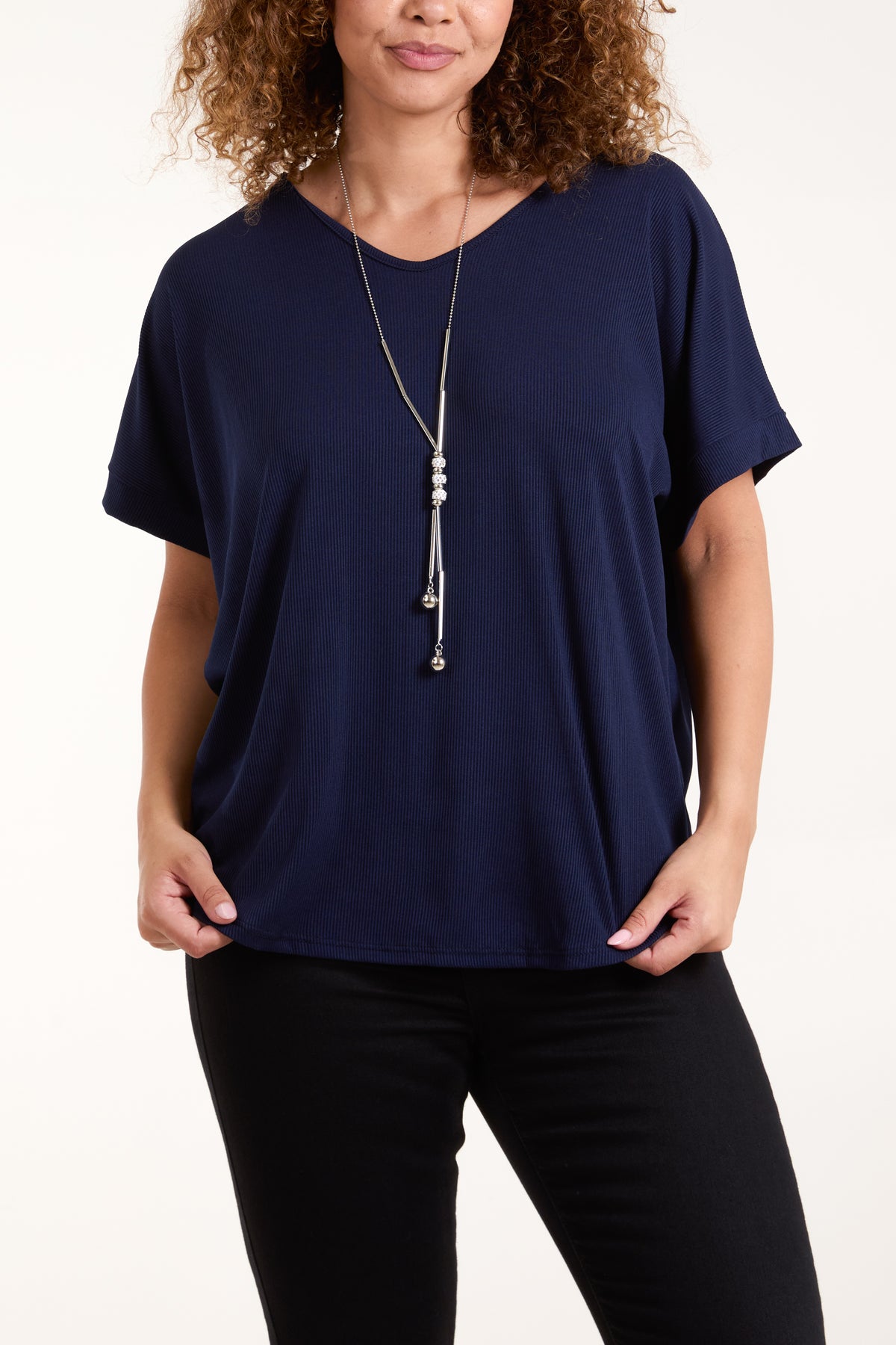 Necklace Short Sleeve Ribbed Top