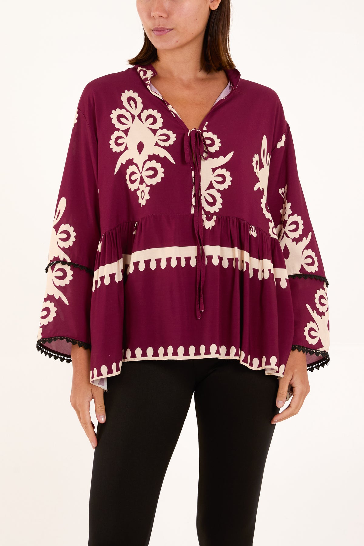 Tribal Tied Front Smock Blouse