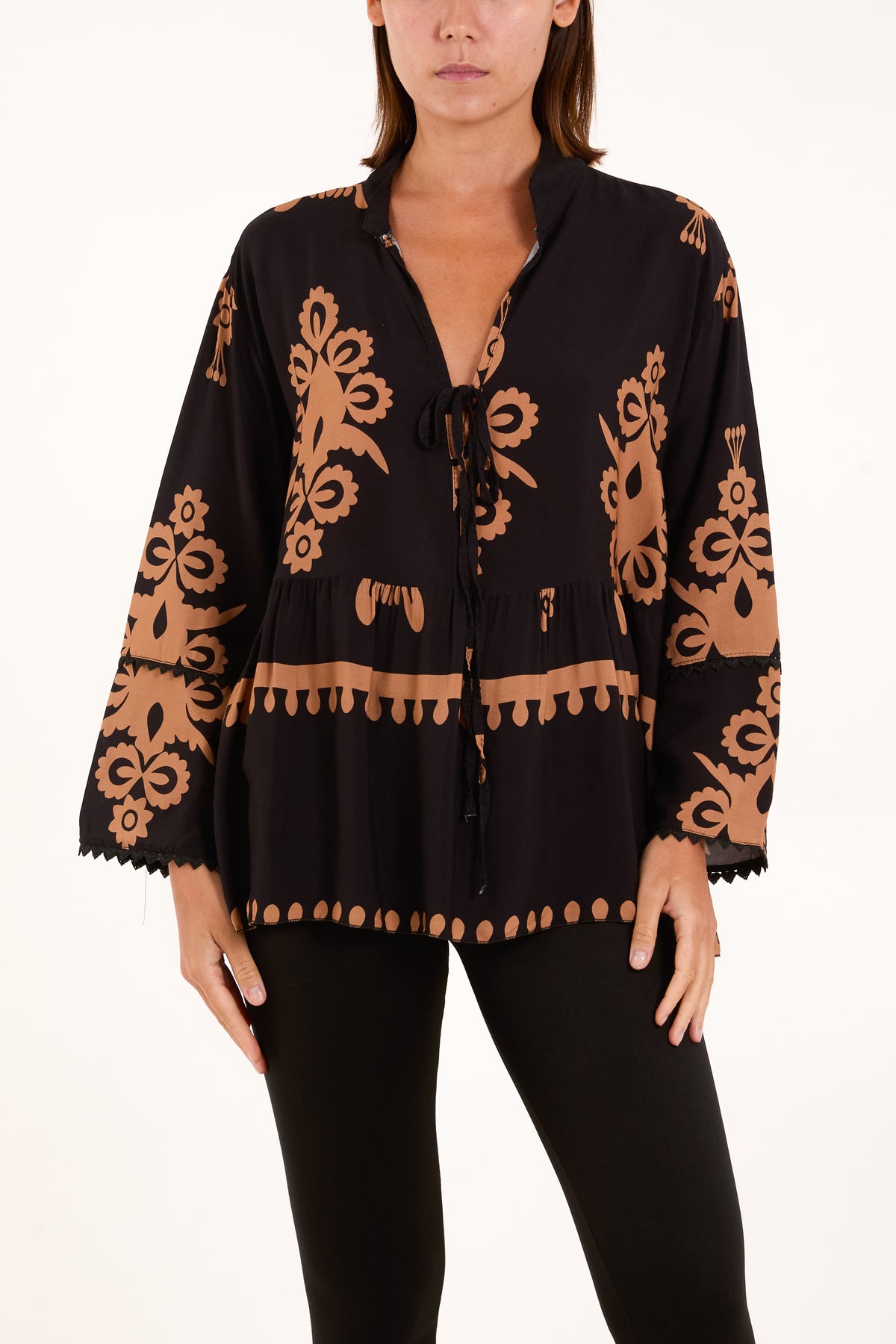 Tribal Tied Front Smock Blouse