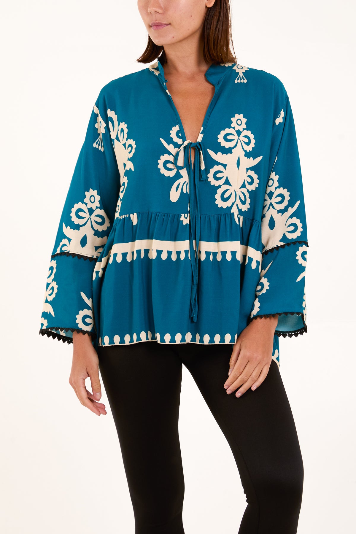 Tribal Tied Front Smock Blouse