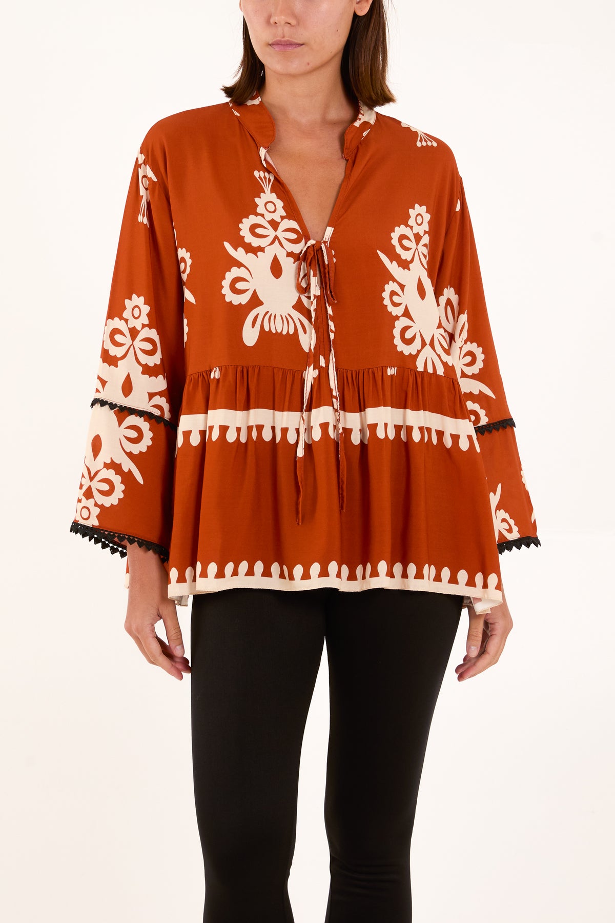 Tribal Tied Front Smock Blouse