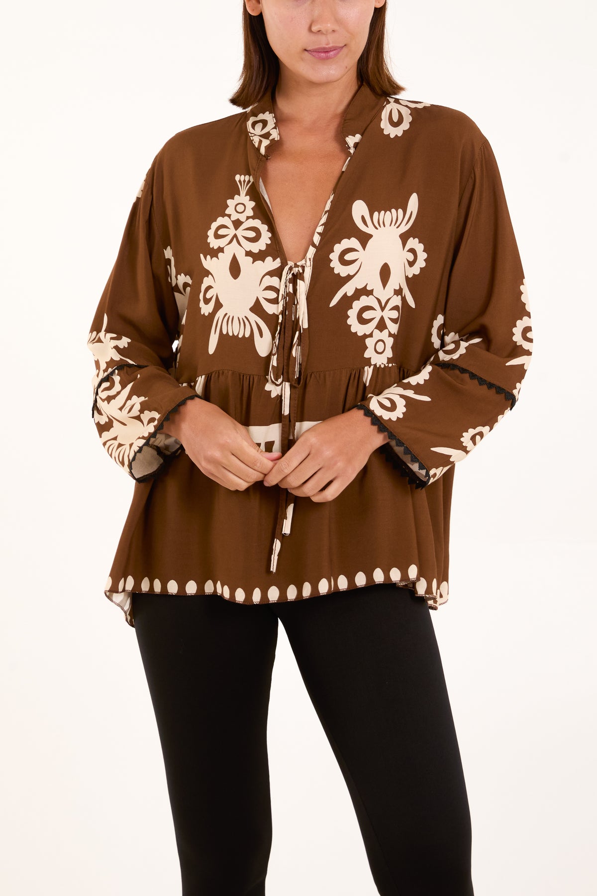 Tribal Tied Front Smock Blouse