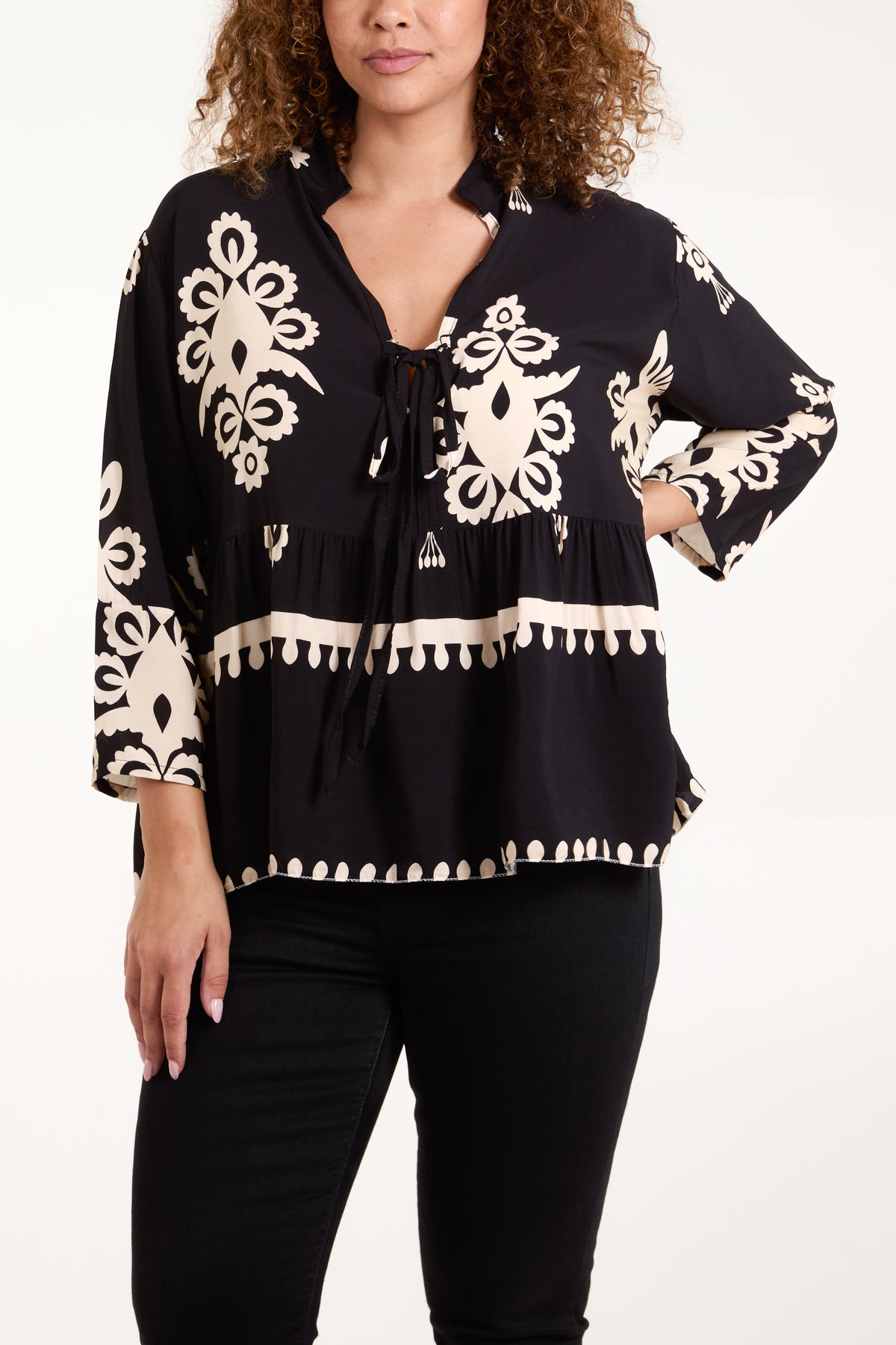 Tribal Tied Front Smock Blouse