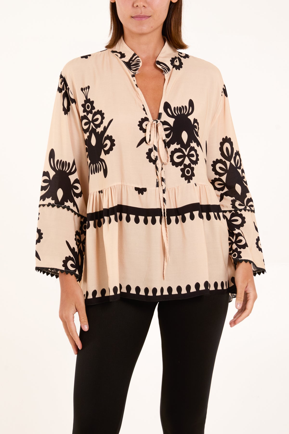 Tribal Tied Front Smock Blouse