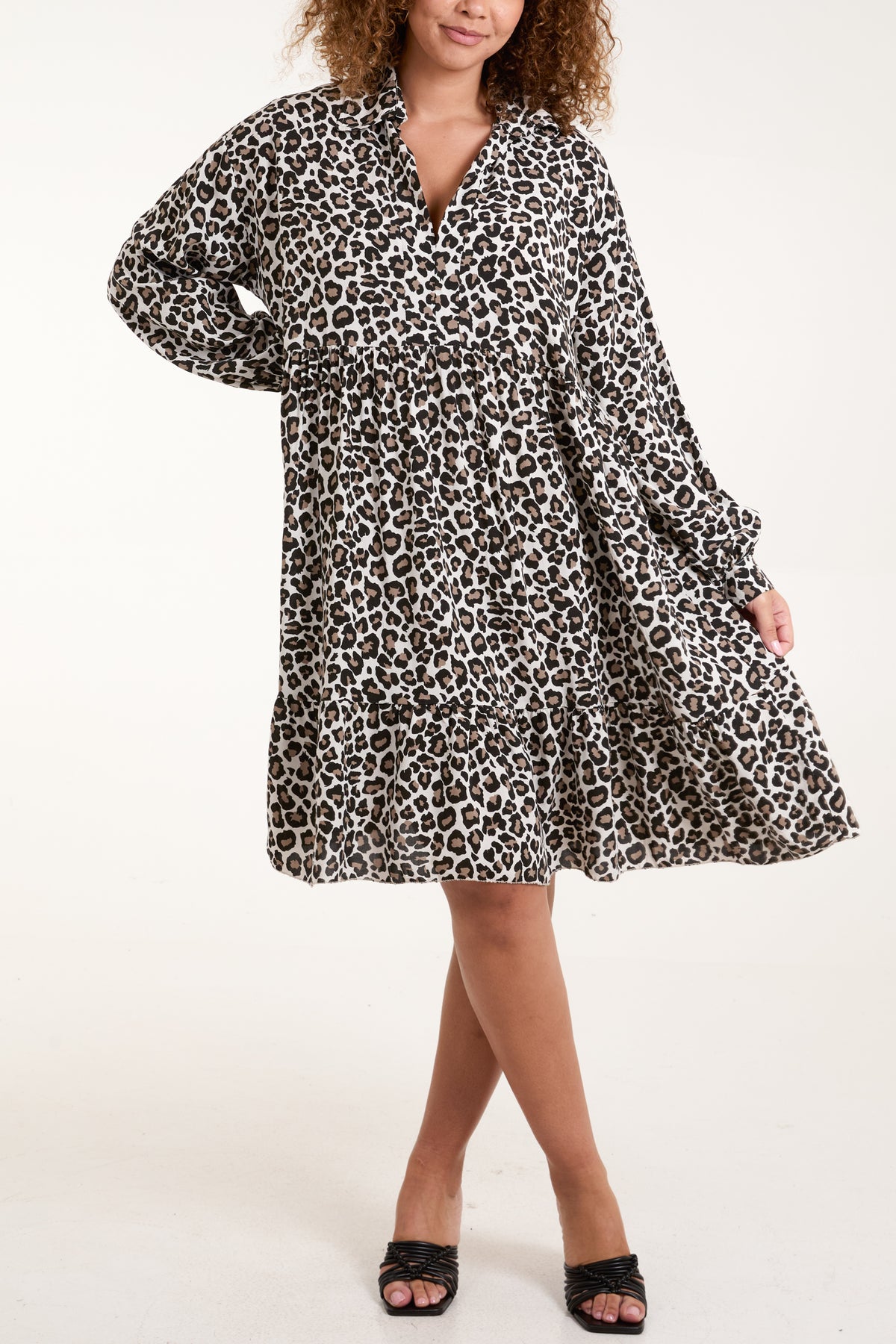 Leopard Print Long Sleeve Smock Dress
