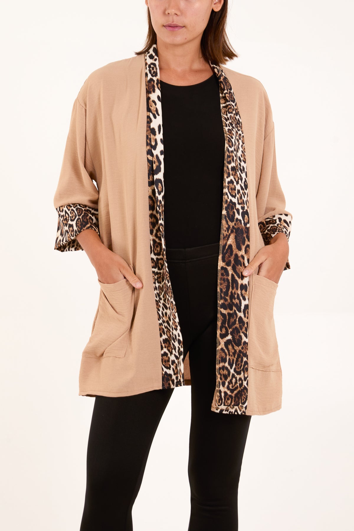 Leopard Print Trim Kimono Jacket