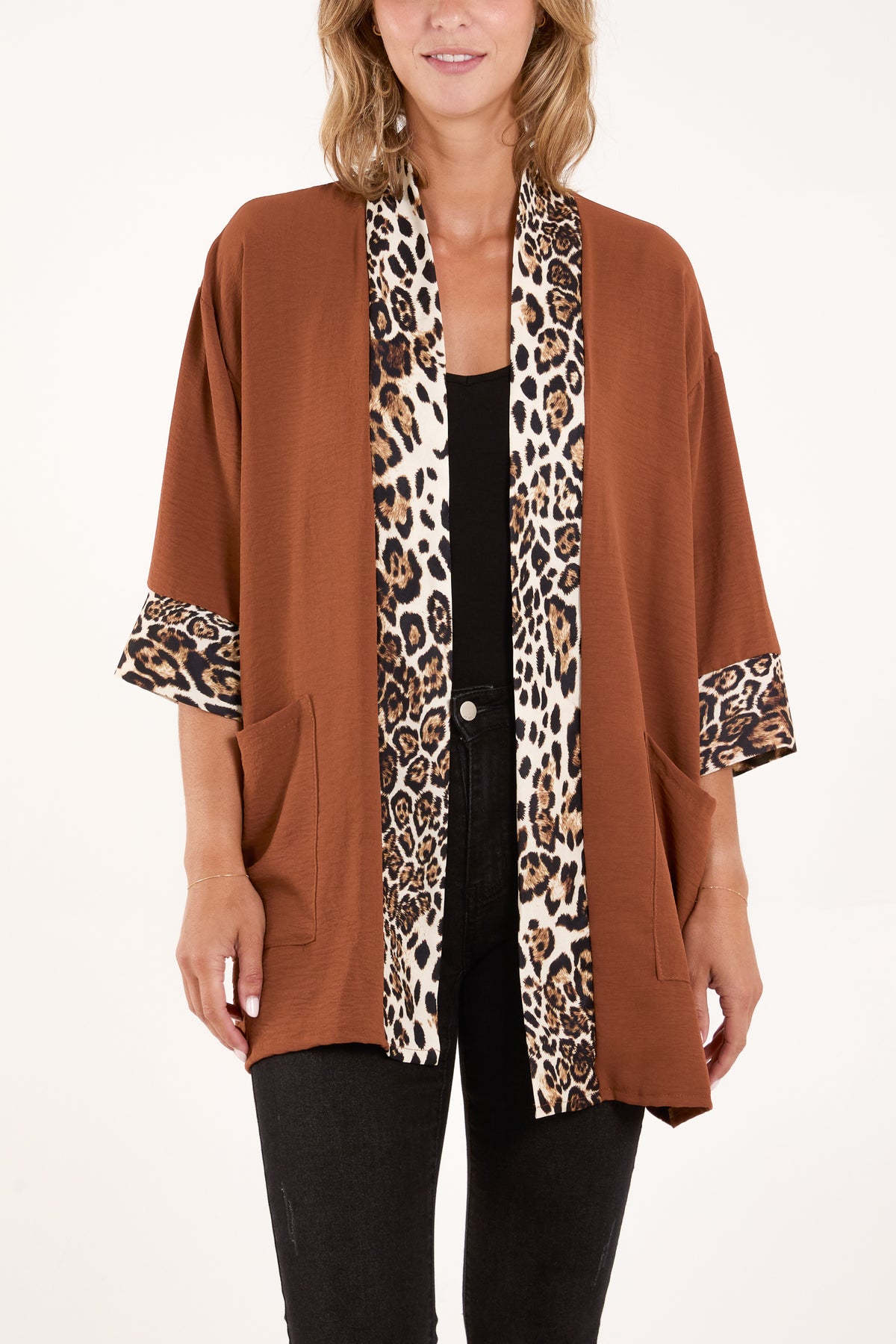 Leopard Print Trim Kimono Jacket