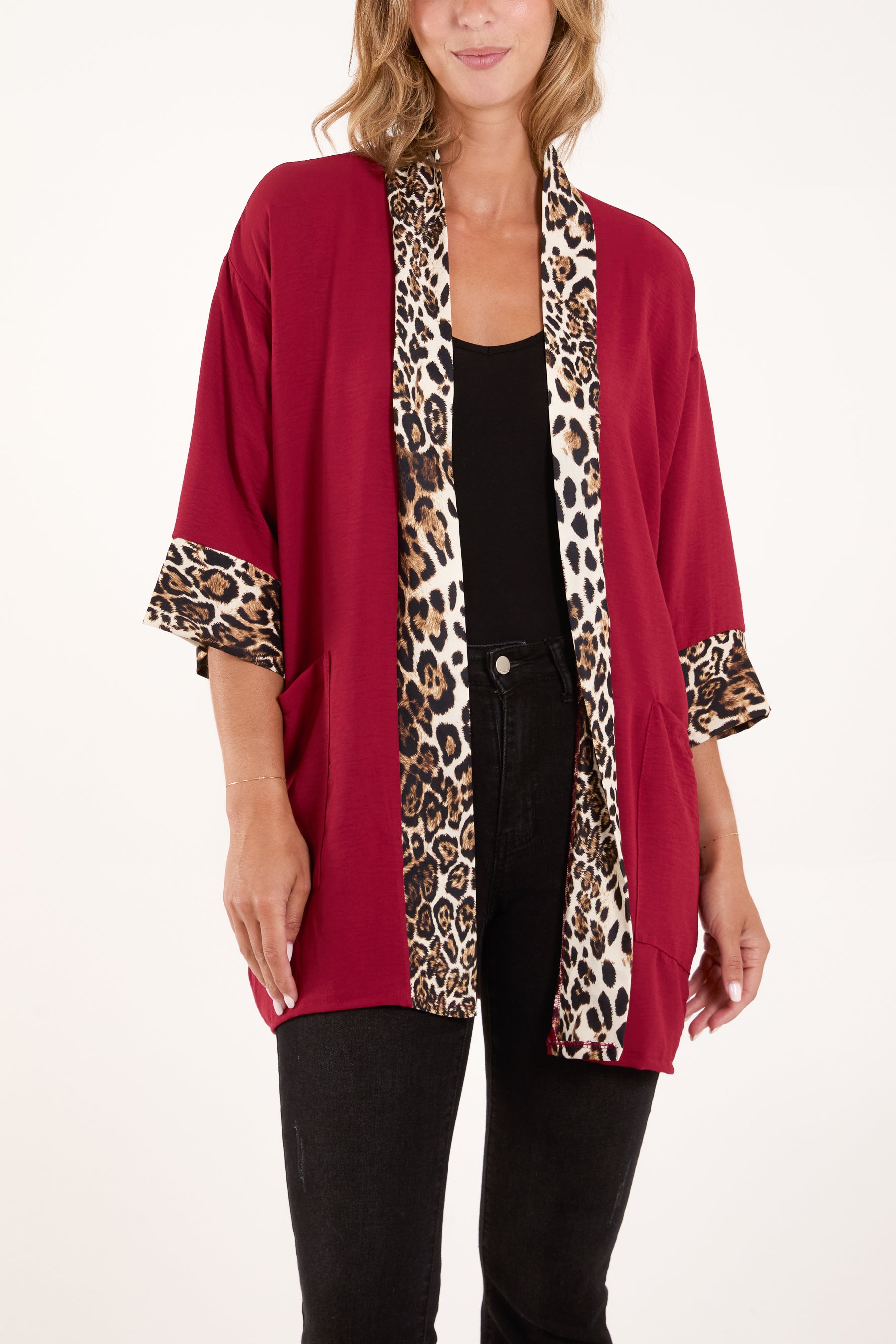 Leopard Print Trim Kimono Jacket