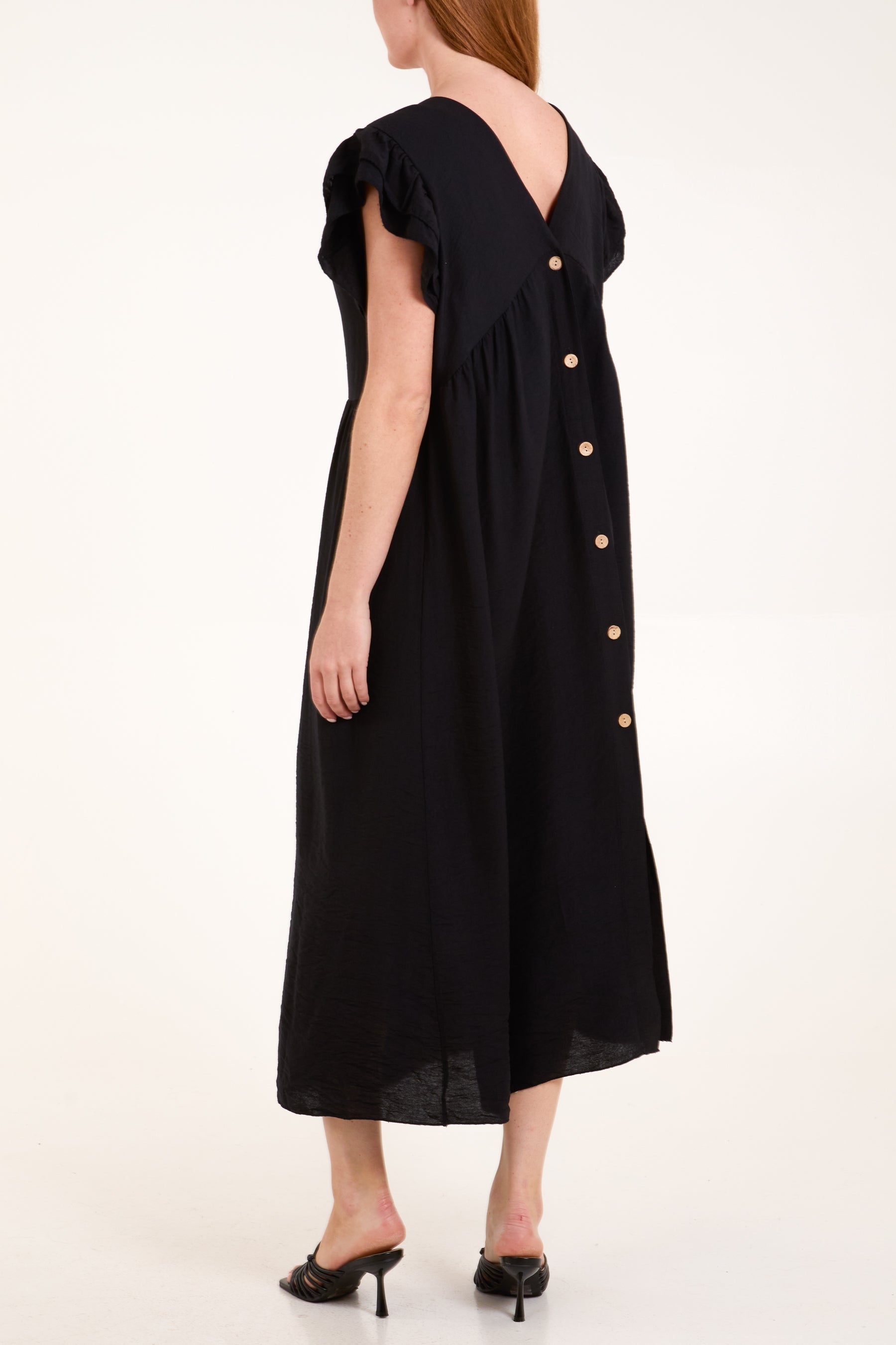 Frill Sleeve Back Button Midi Dress