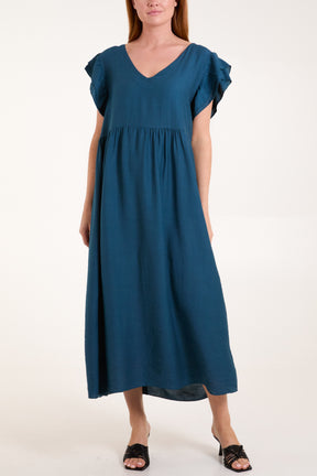 Frill Sleeve Back Button Midi Dress