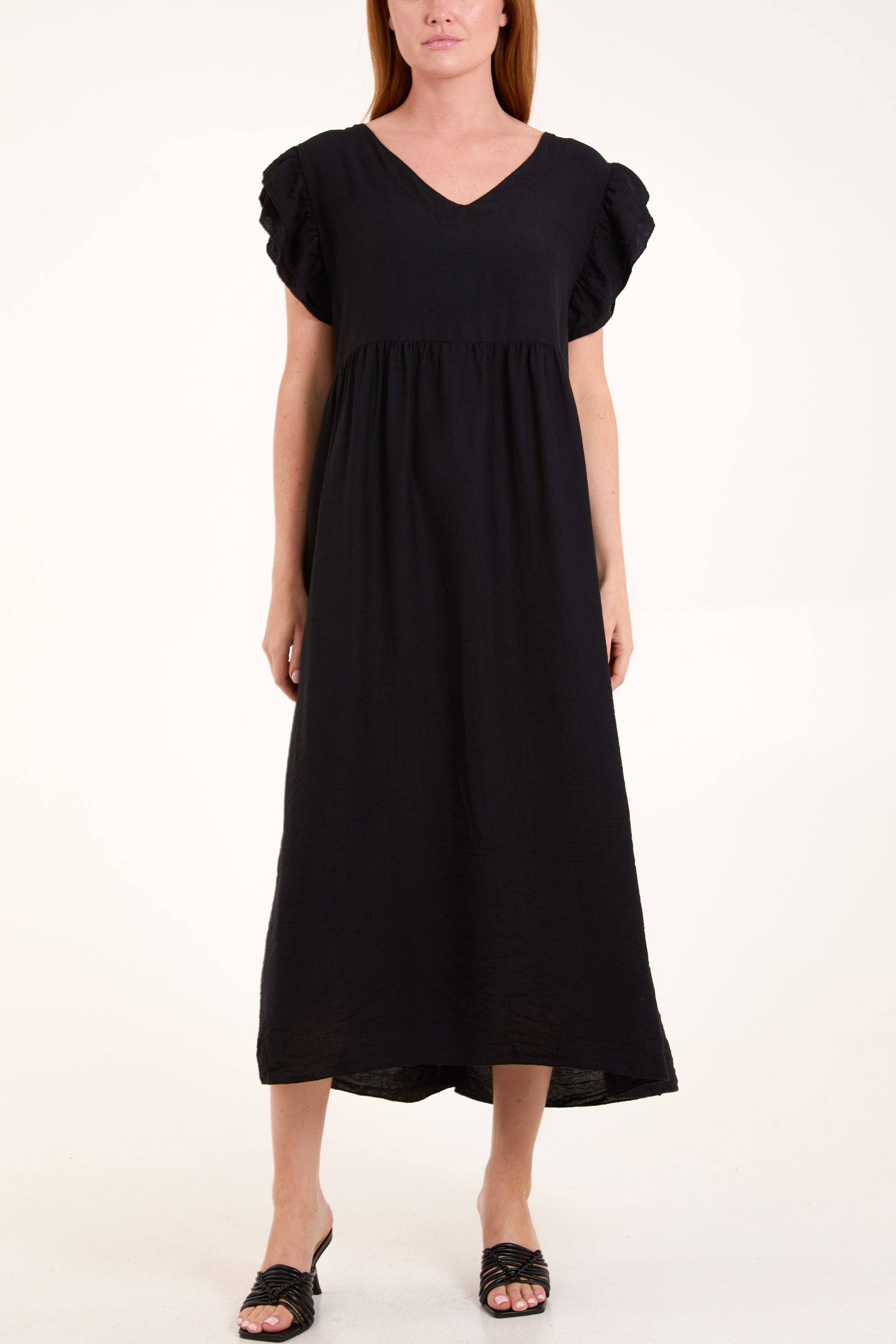 Frill Sleeve Back Button Midi Dress