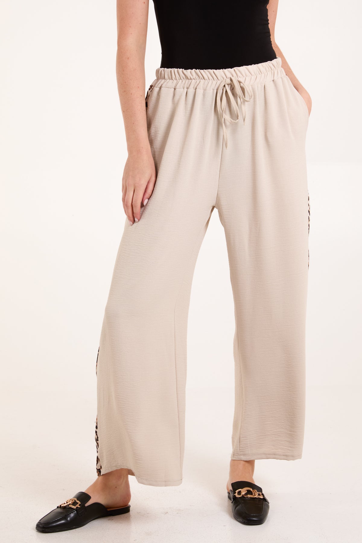 Leopard Side Stripe Wide Leg Trousers