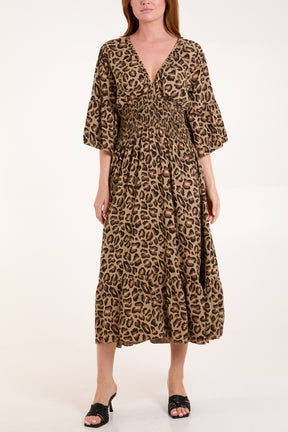 Leopard Shirred Bodice Midi Dress