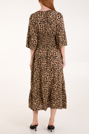 Leopard Shirred Bodice Midi Dress