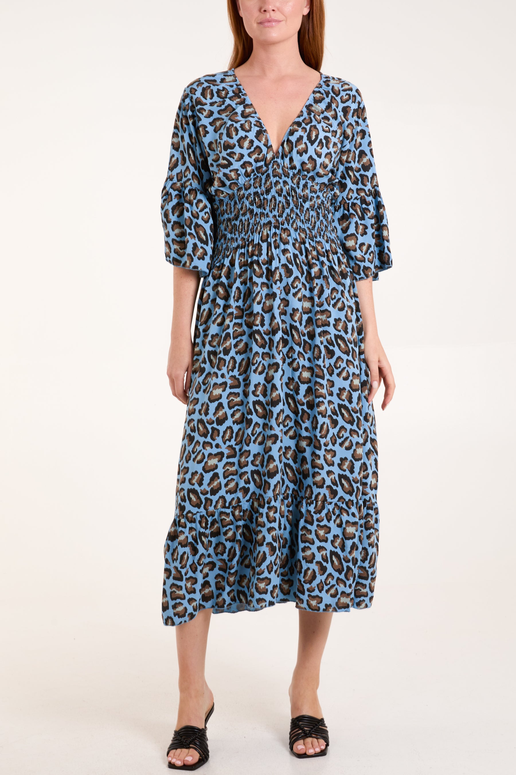 Leopard Shirred Bodice Midi Dress