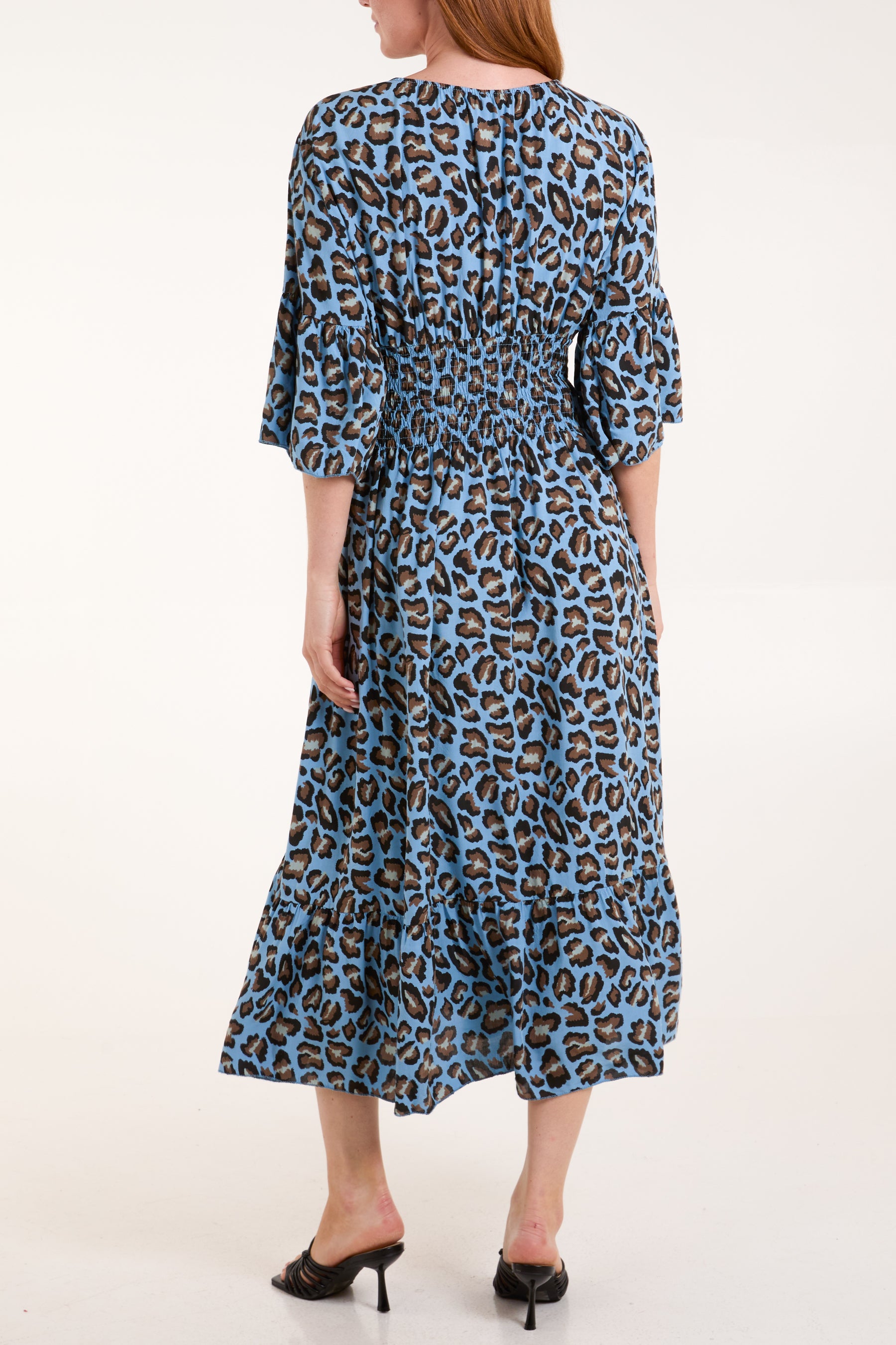 Leopard Shirred Bodice Midi Dress