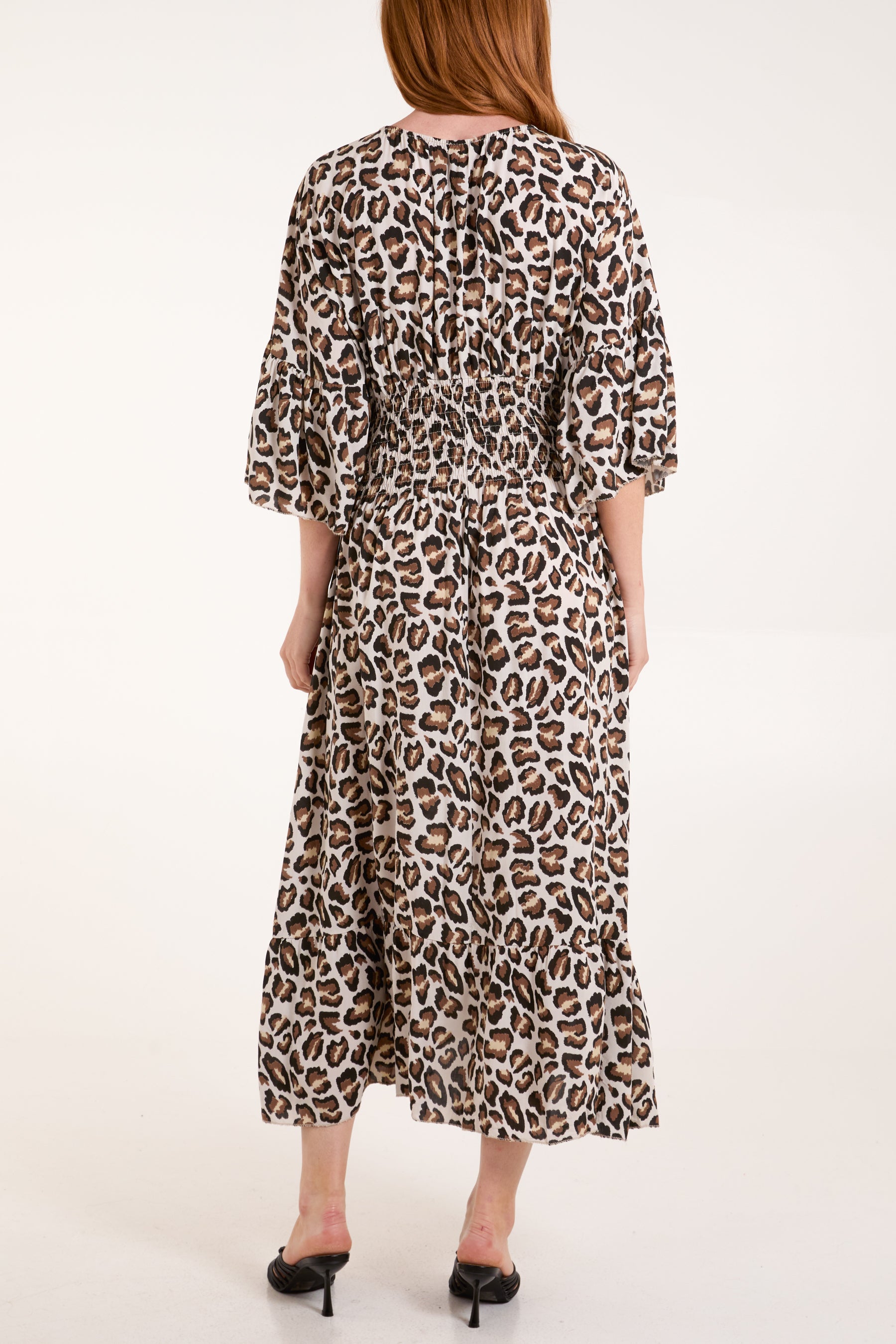 Leopard Shirred Bodice Midi Dress