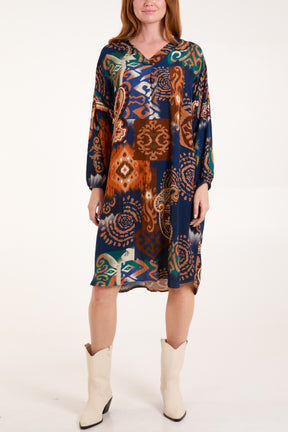 Paisley Print Long Sleeve Tunic Dress