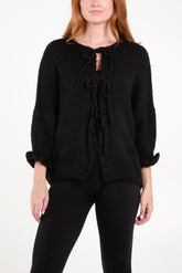 Triple Tie Front Frill Sleeve Cardigan