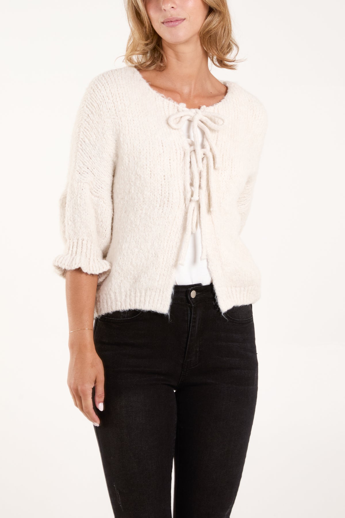 Triple Tie Front Frill Sleeve Cardigan