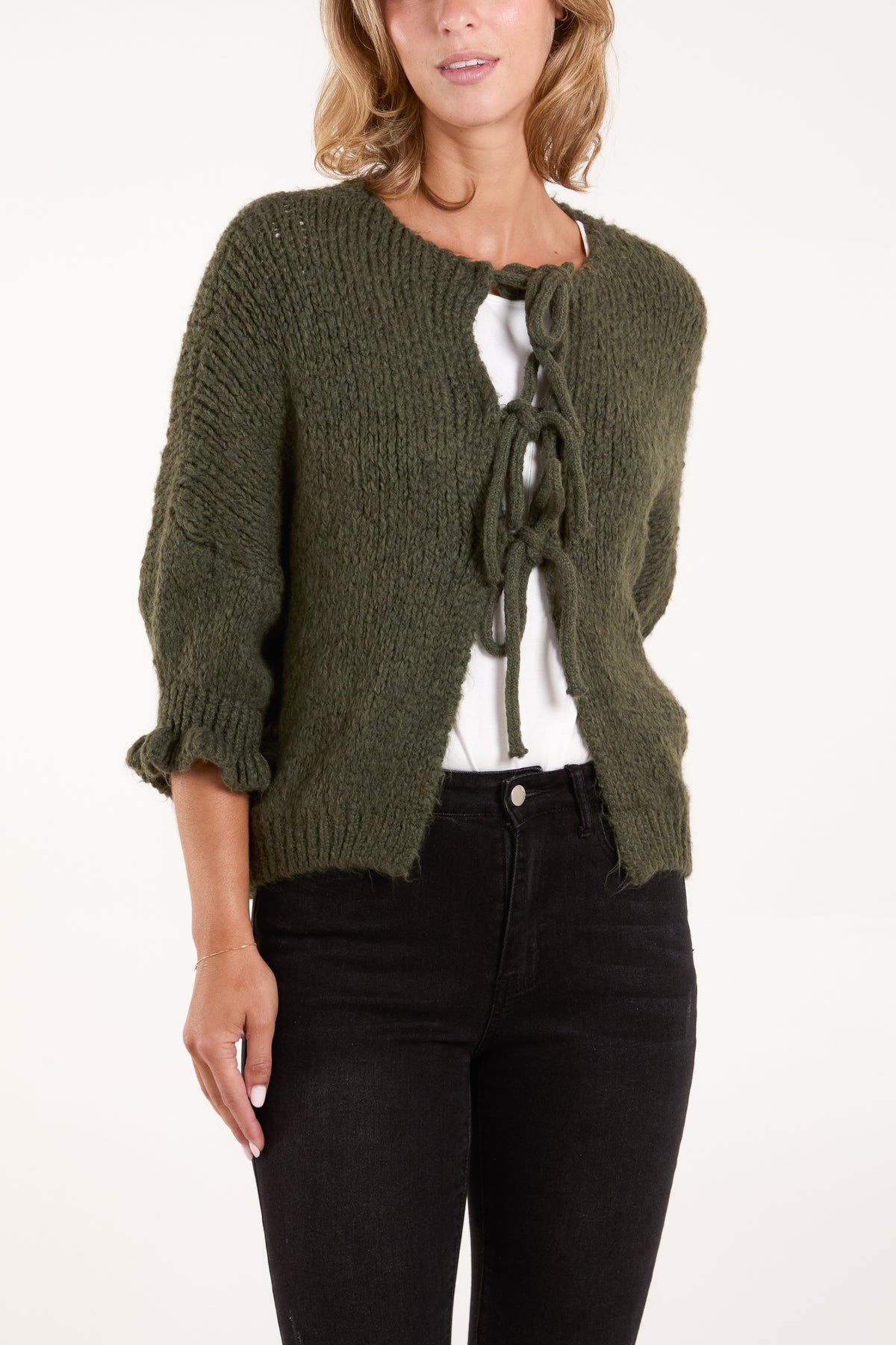 Triple Tie Front Frill Sleeve Cardigan