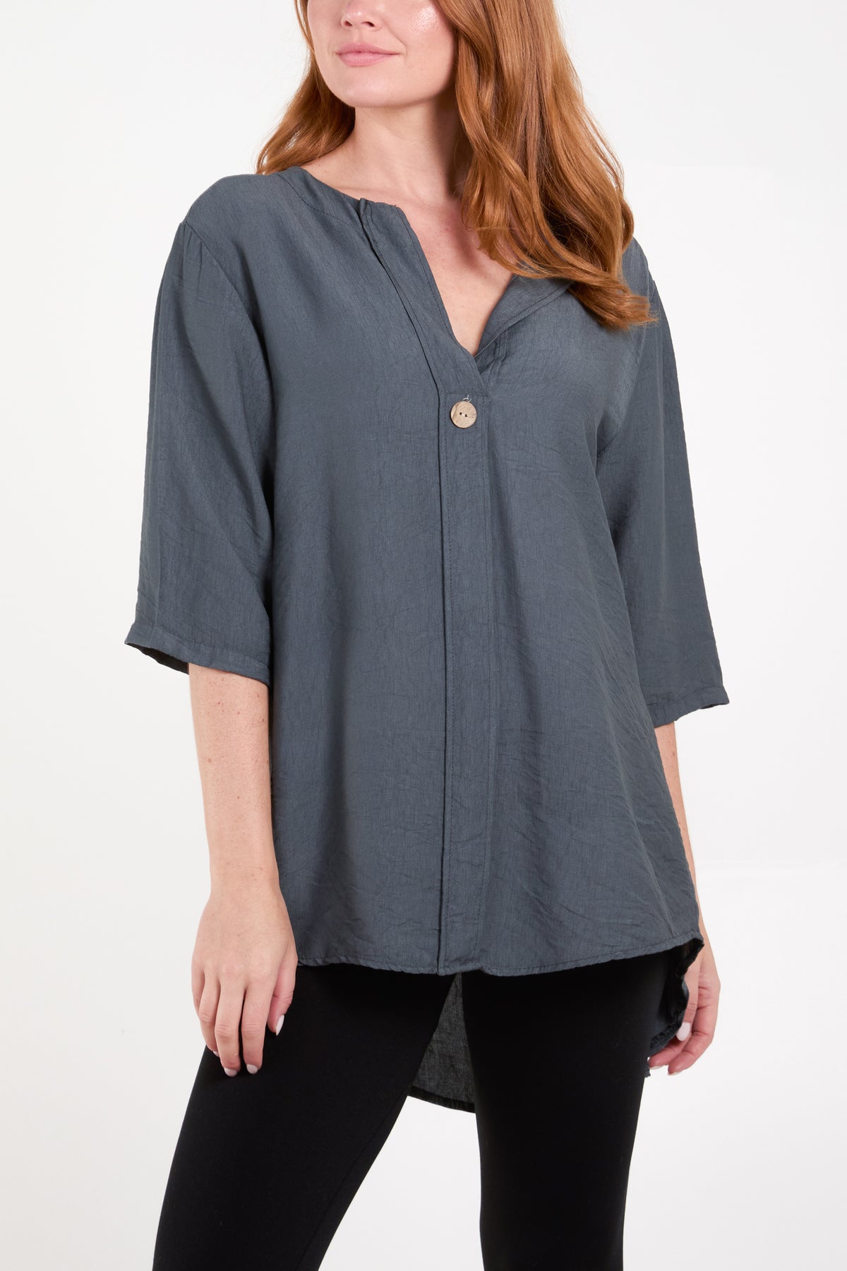 Collarless Button Front Blouse