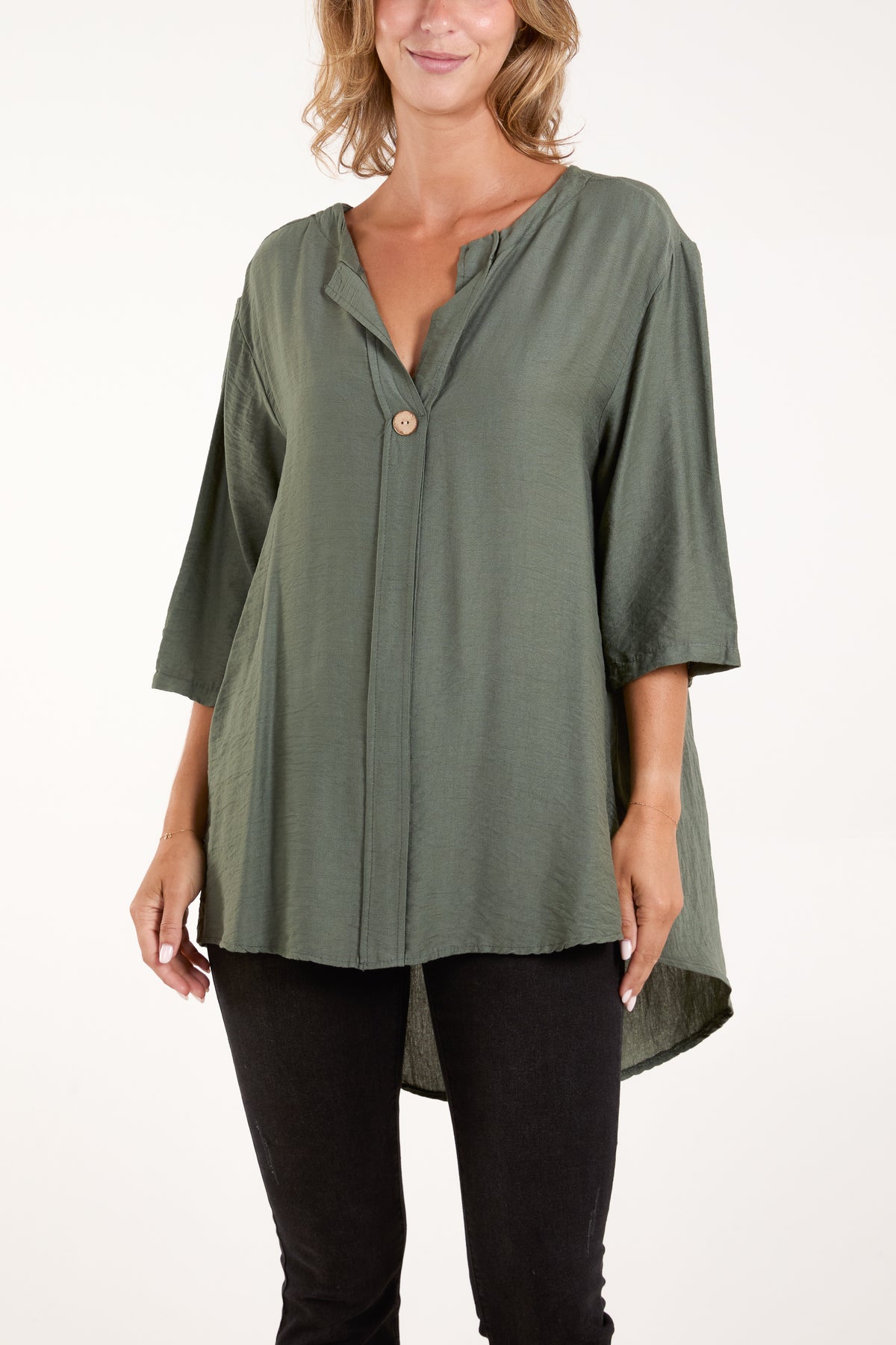 Collarless Button Front Blouse