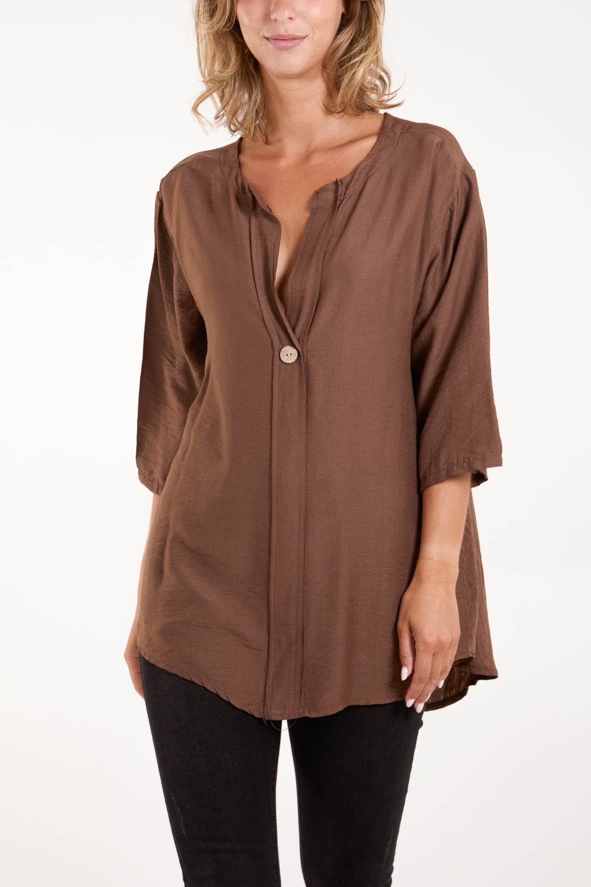 Collarless Button Front Blouse