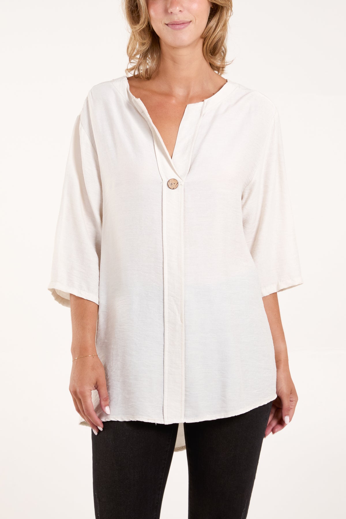 Collarless Button Front Blouse