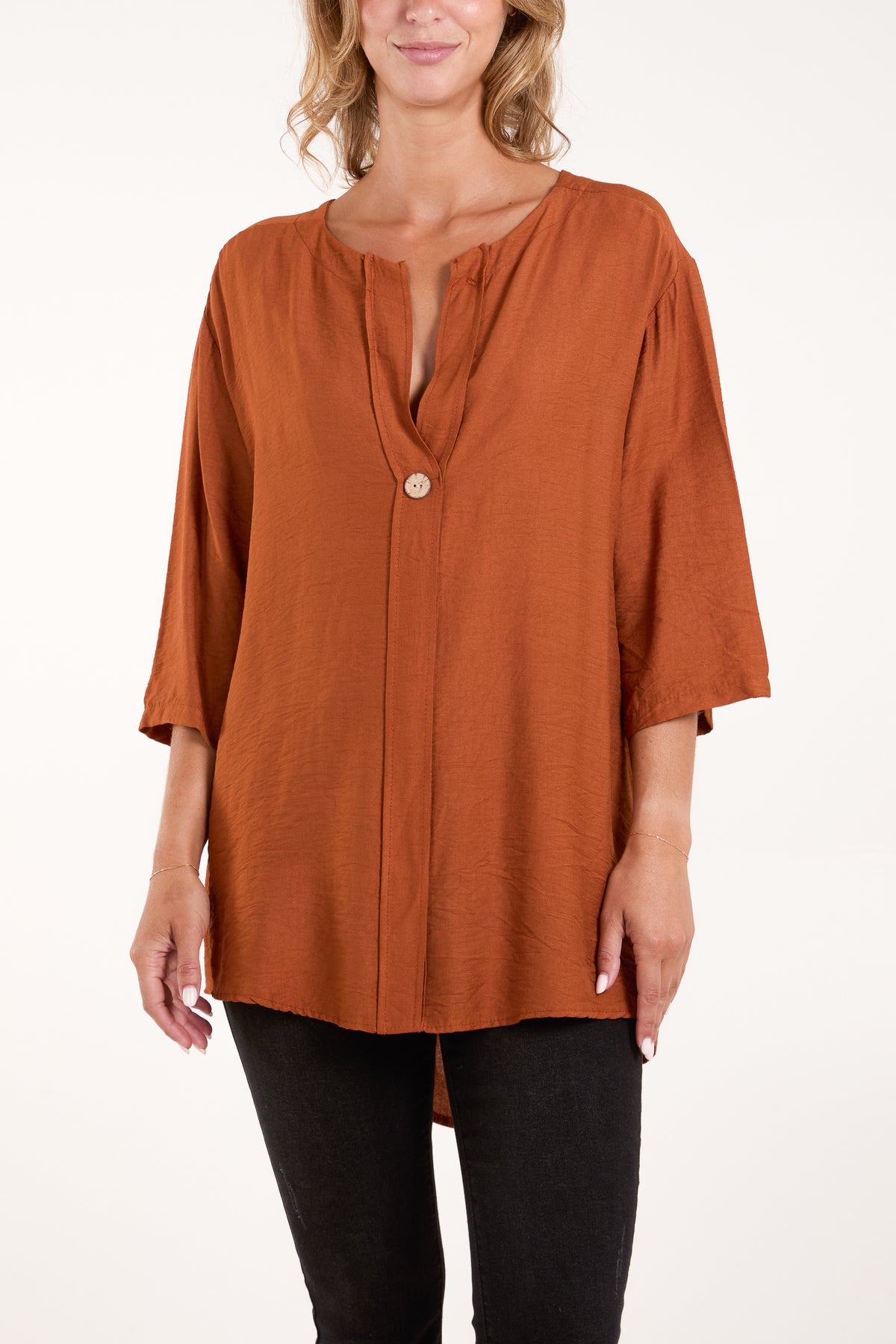 Collarless Button Front Blouse