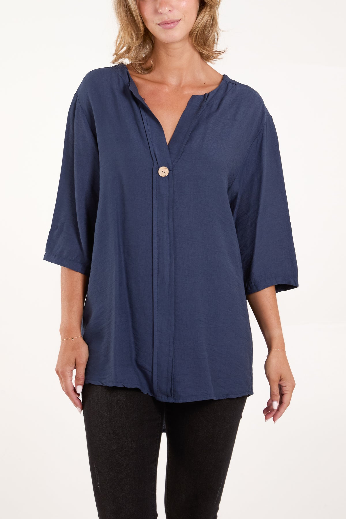 Collarless Button Front Blouse