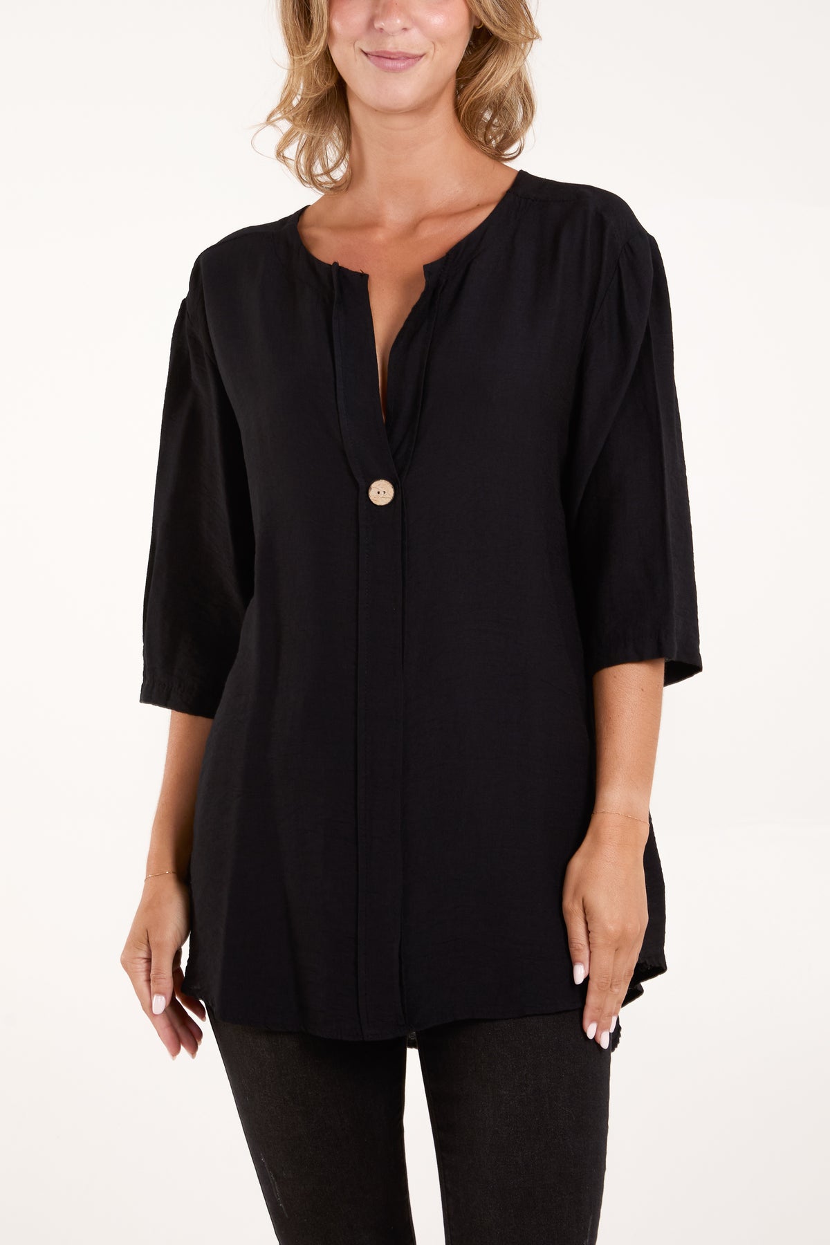 Collarless Button Front Blouse