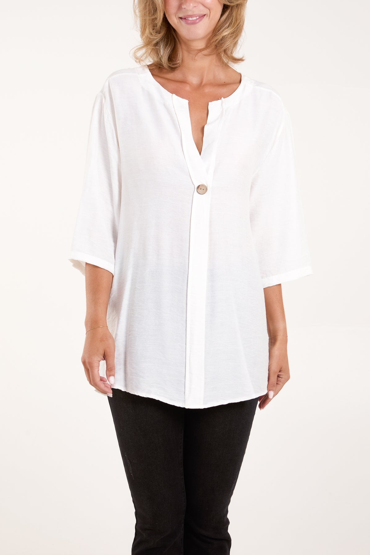 Collarless Button Front Blouse