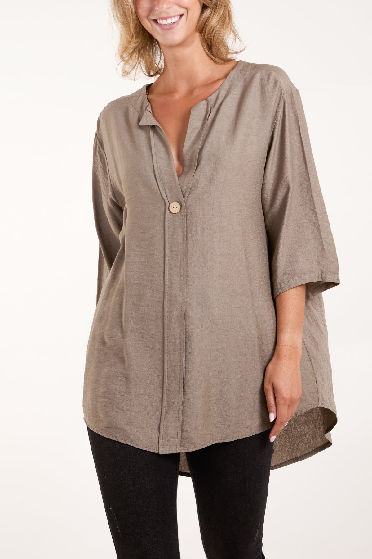 Collarless Button Front Blouse