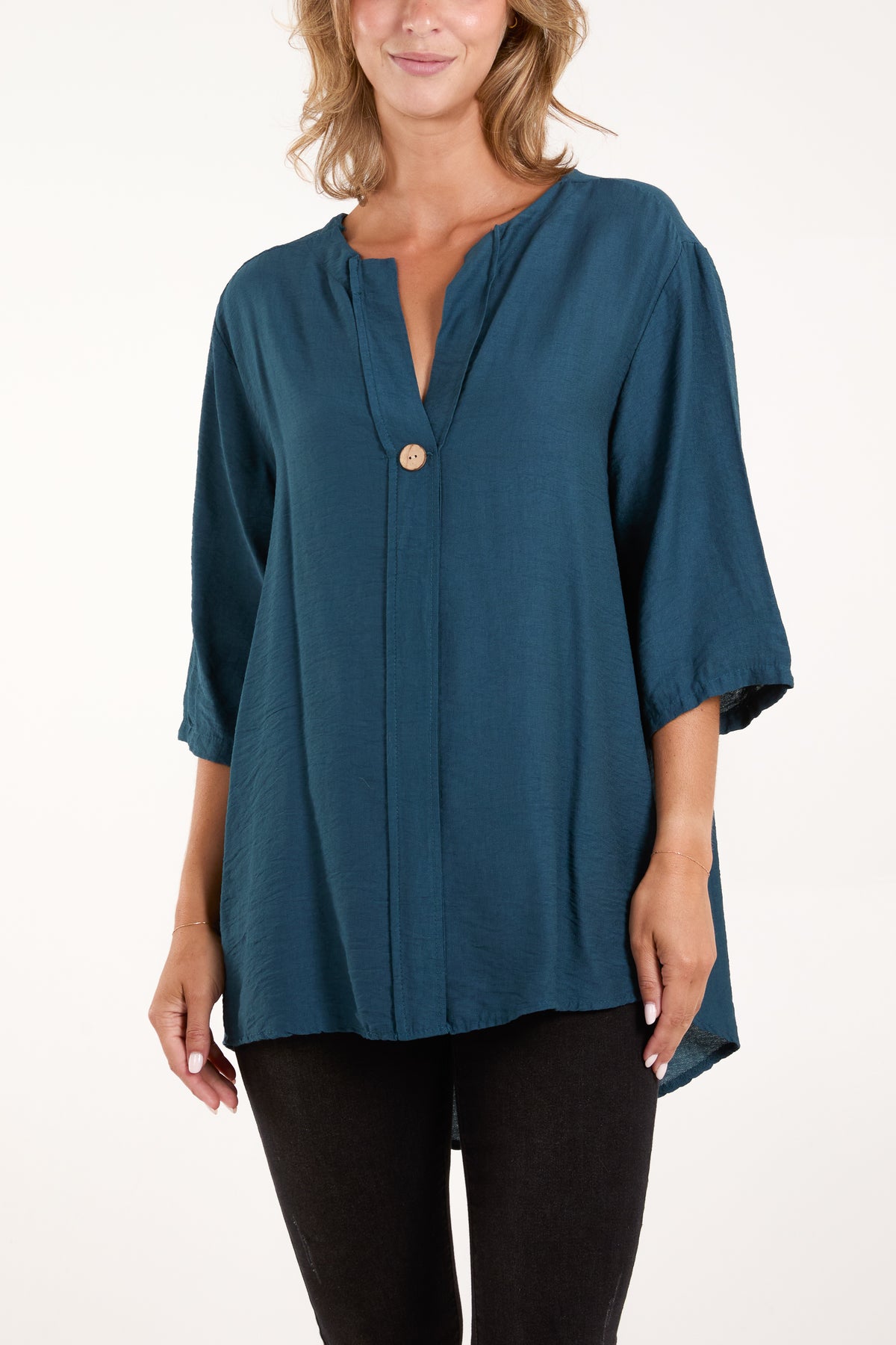 Collarless Button Front Blouse