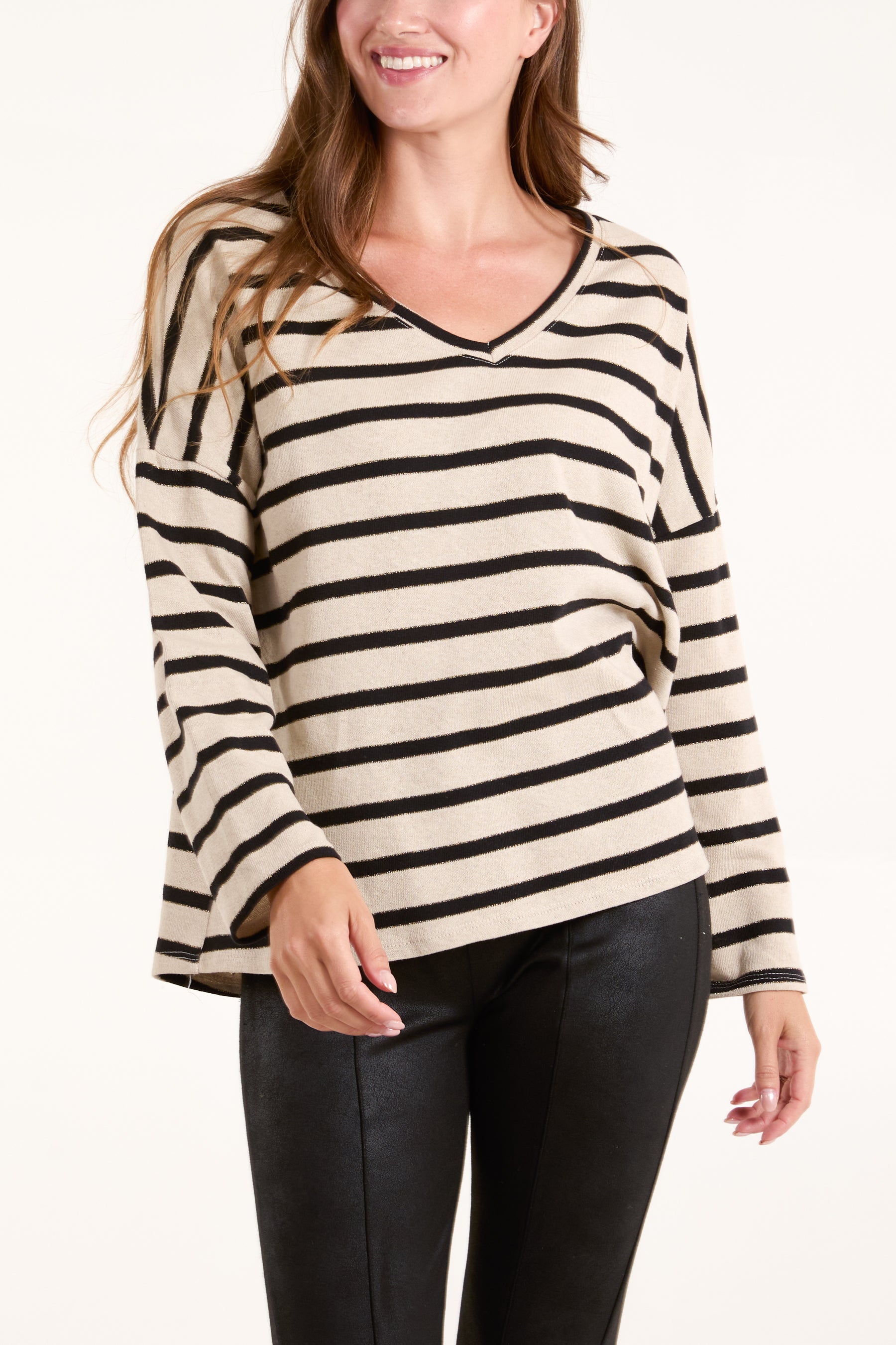 Gold Embroidered Striped V-Neck Top