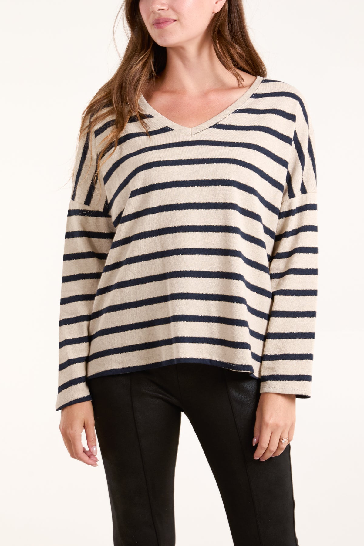 Gold Embroidered Striped V-Neck Top