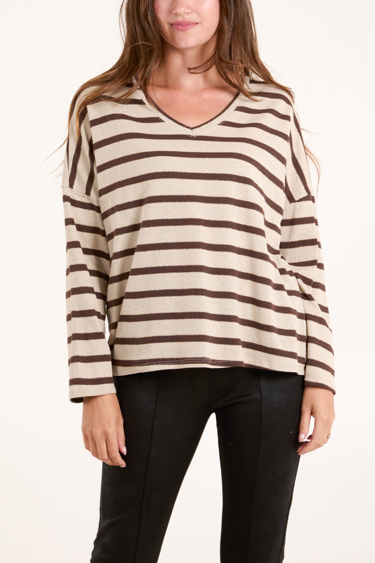 Gold Embroidered Striped V-Neck Top