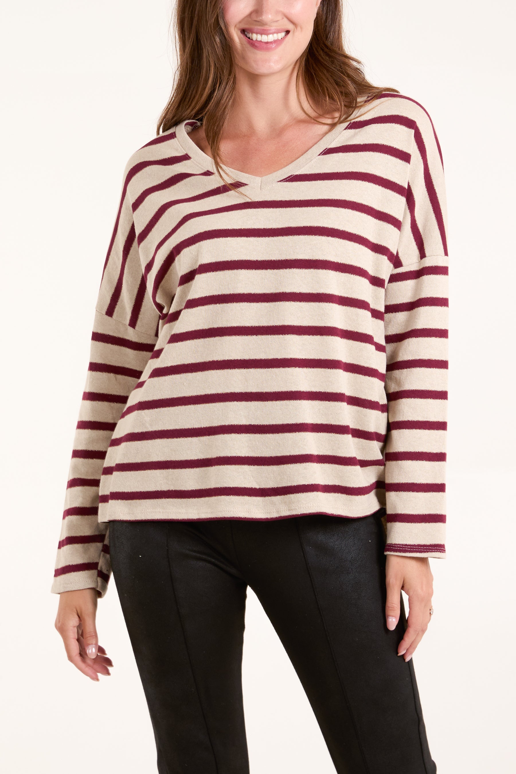 Gold Embroidered Striped V-Neck Top