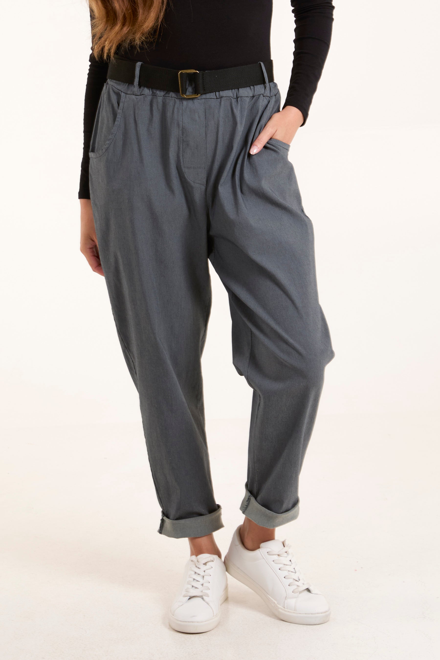 Woven Belt Cuffed Trousers