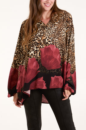 Leopard Print & Flower V-Neck Top