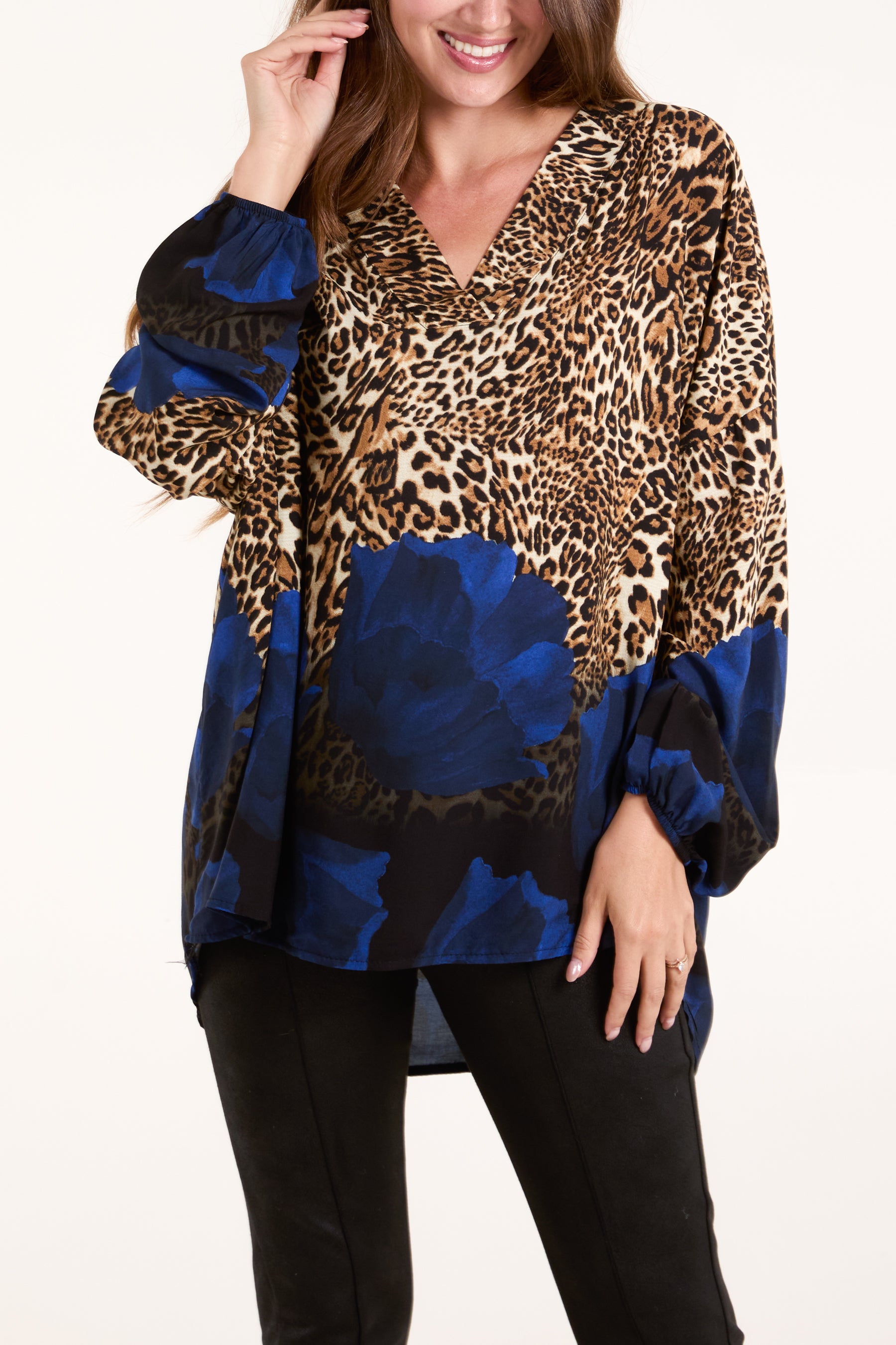 Leopard Print & Flower V-Neck Top