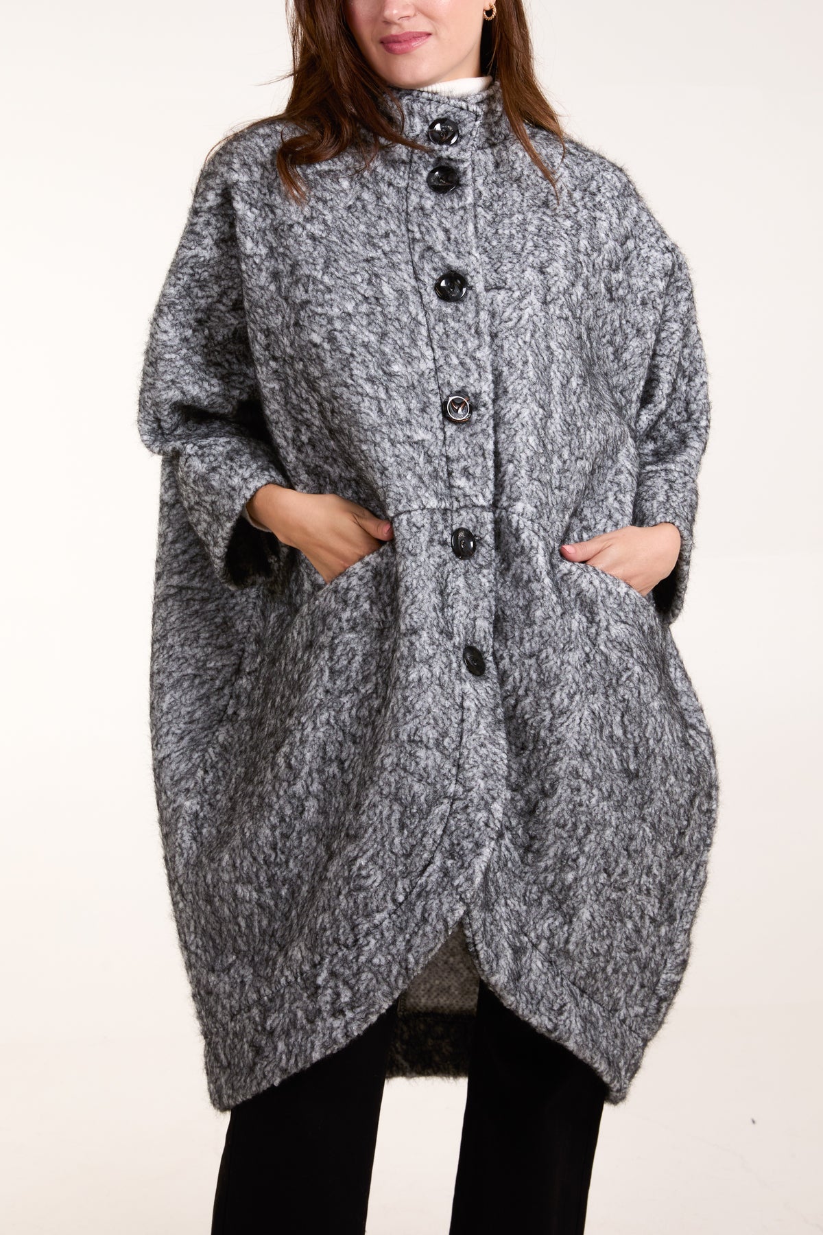 Wool Like 3/4 Sleeve Pockets Coat