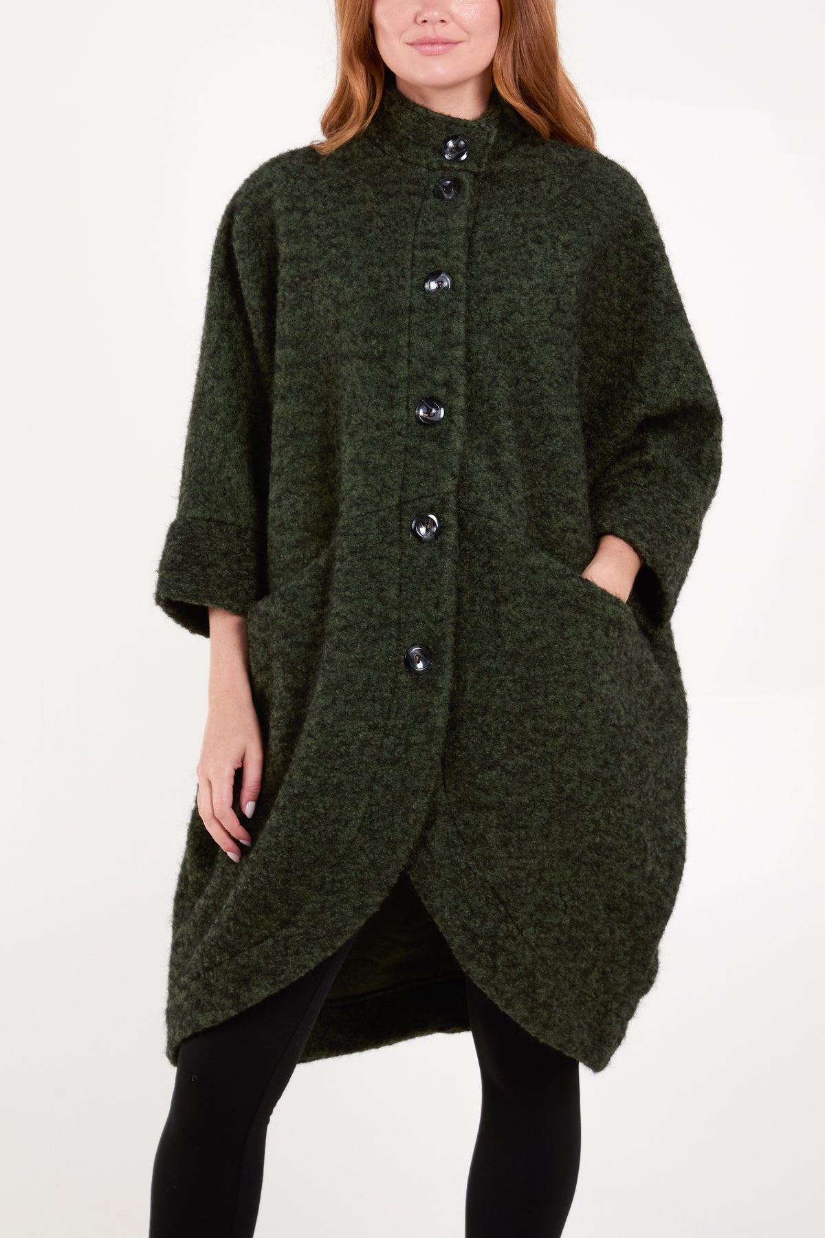 Wool Like 3/4 Sleeve Pockets Coat