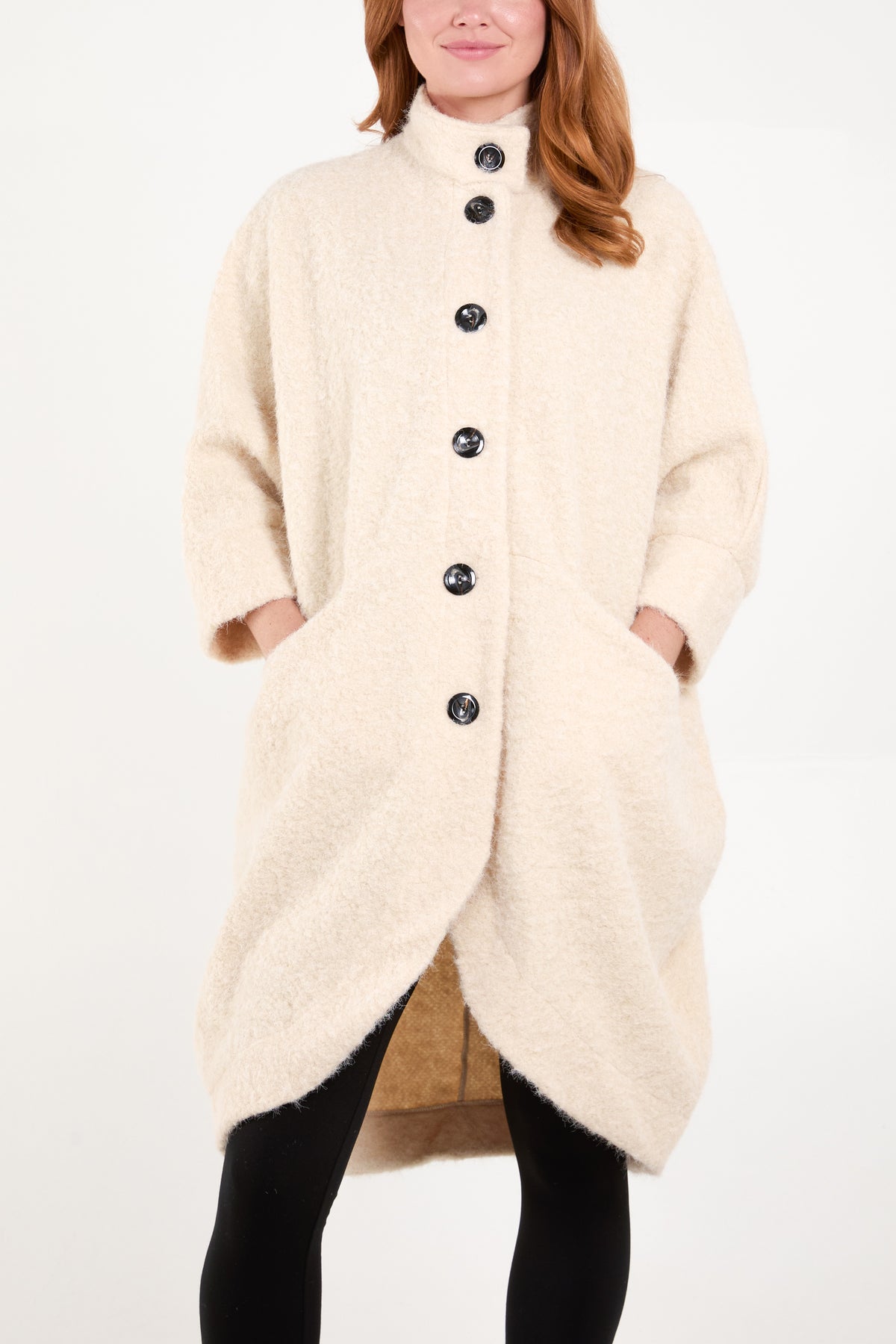 Wool Like 3/4 Sleeve Pockets Coat