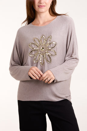 Sequin Daisy Fine Knit Jumper